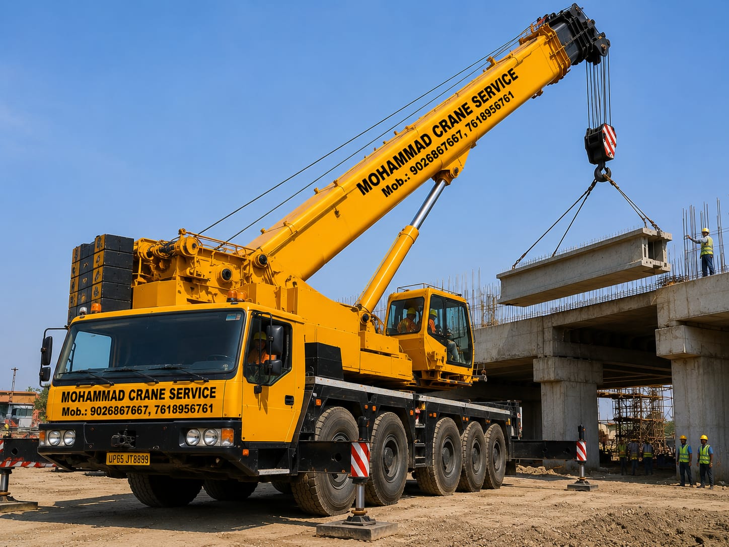 Mohammad Crane Service mobile crane lifting bridge beam at construction site