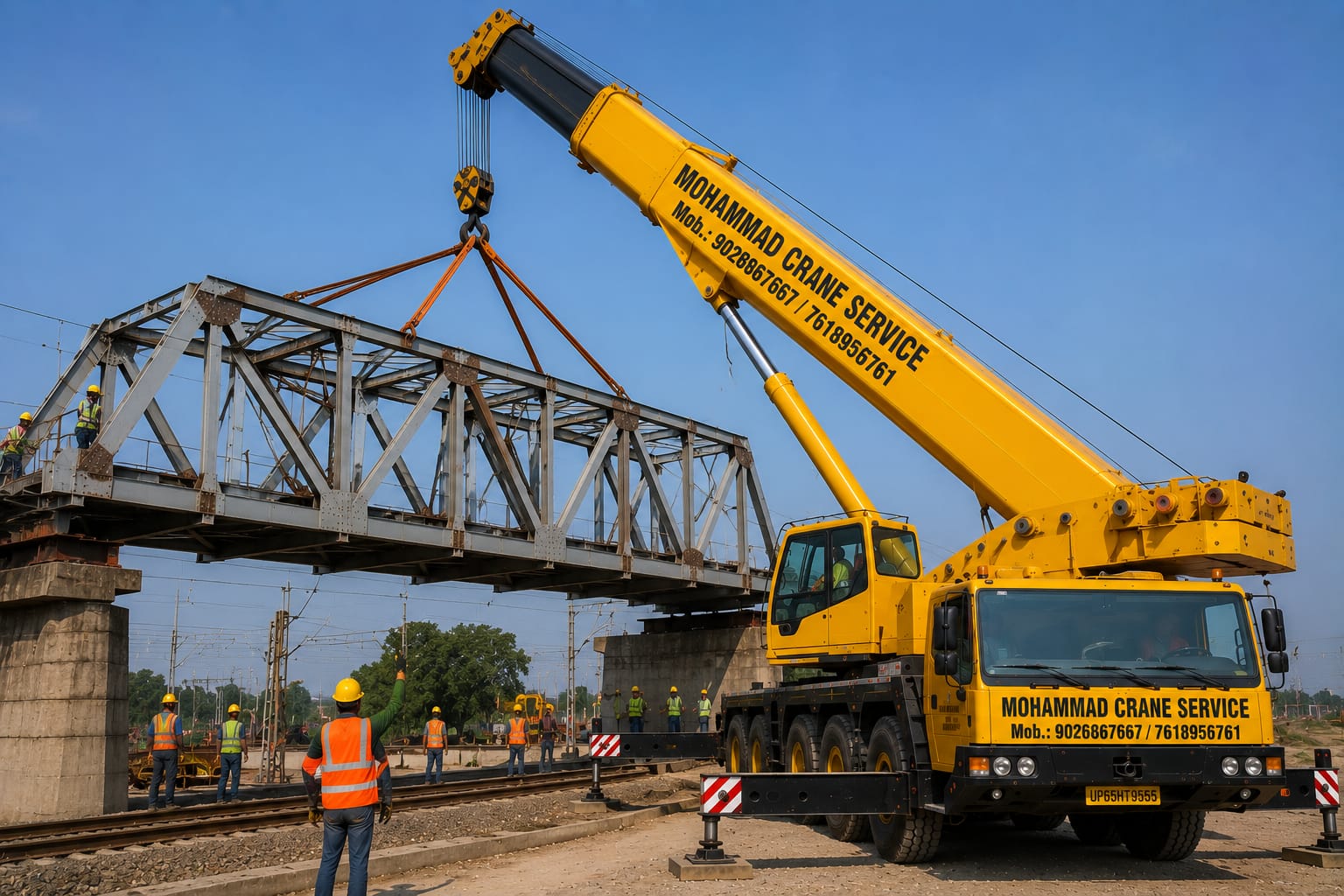 Mohammad Crane Service mobile crane installing steel bridge truss near railway