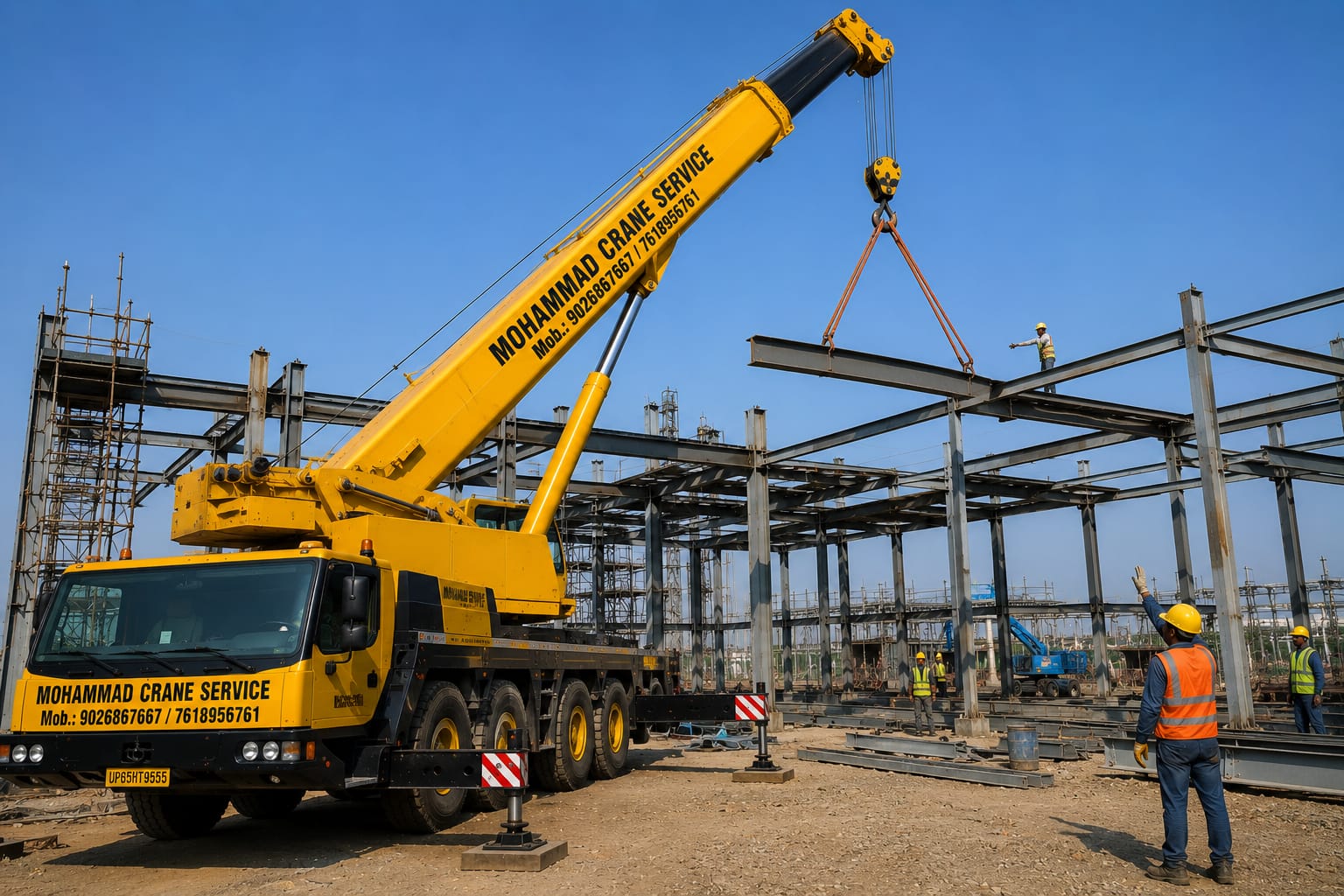Mohammad Crane Service mobile crane lifting steel beam at construction site